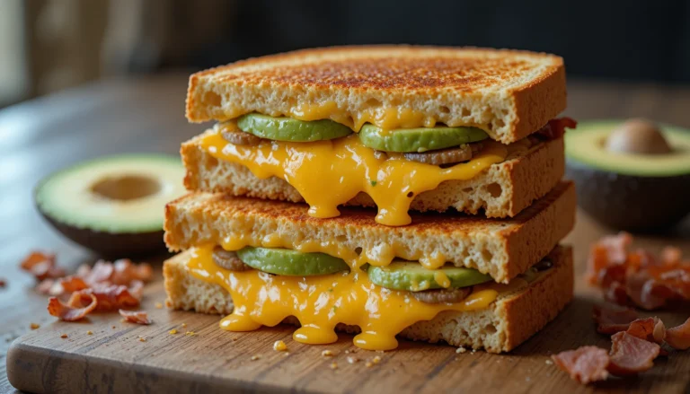 Crispy golden avocado bacon grilled cheese sandwich with melted cheddar on a wooden board.