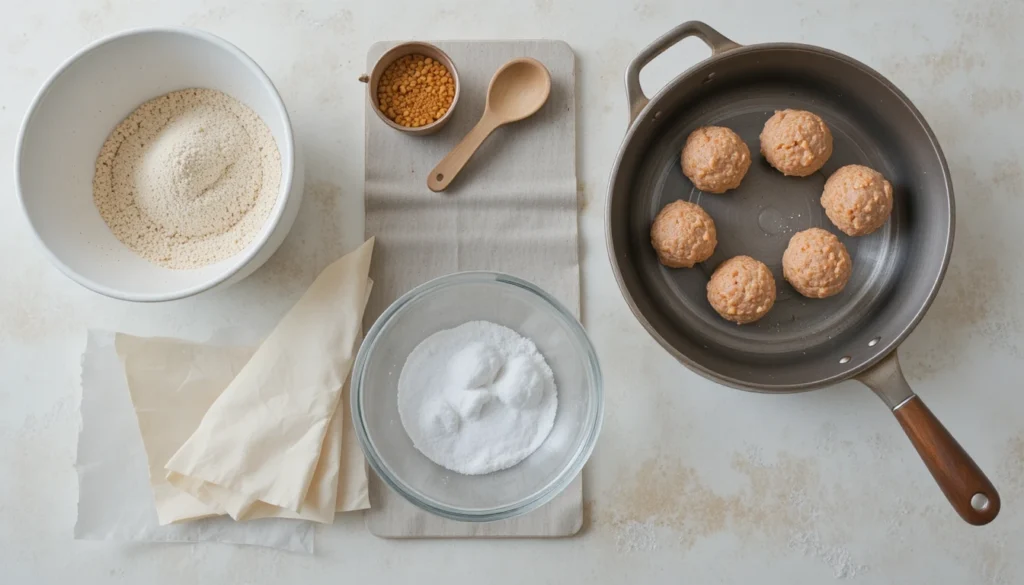 Chicken Meatballs Recipe – Juicy, Flavorful & Easy to Make 4 Tools You’ll Need for making Chicken Meatballs including mixing bowl, baking tray, and skillet