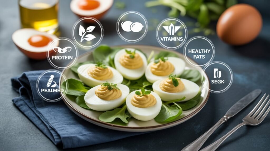 Deviled Eggs Recipe – Classic, Creamy & Crowd-Pleasing 4 Health Benefits of Deviled Eggs highlighting protein, vitamins, and healthy fats