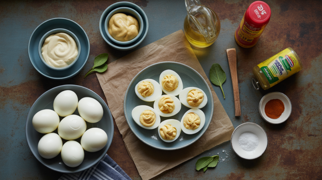 Deviled Eggs Recipe – Classic, Creamy & Crowd-Pleasing 2 Ingredients for Deviled Eggs including eggs, mayonnaise, mustard, and paprika