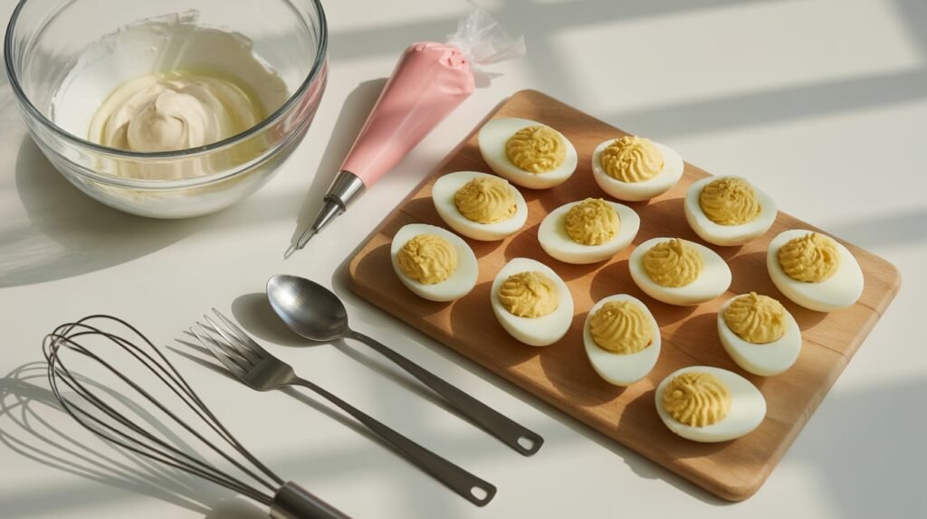 Deviled Eggs Recipe – Classic, Creamy & Crowd-Pleasing 3 Tools You’ll Need for making Deviled Eggs such as piping bag, mixing bowl, and whisk