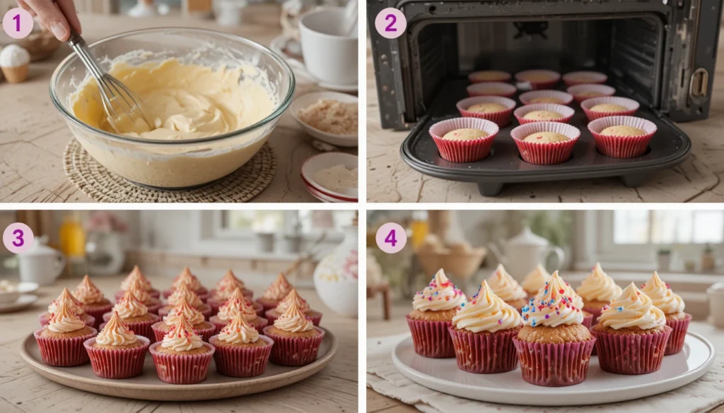 Step-by-Step Instructions for making Eggnog Cupcakes from mixing to baking and frosting