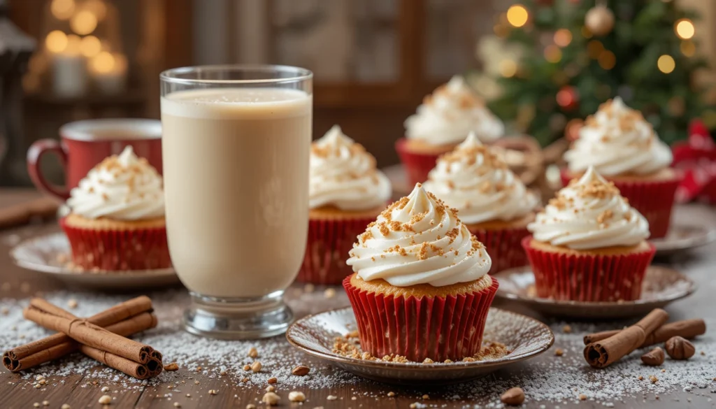 Perfect Pairings with Eggnog Cupcakes including eggnog, hot cocoa, and festive holiday décor