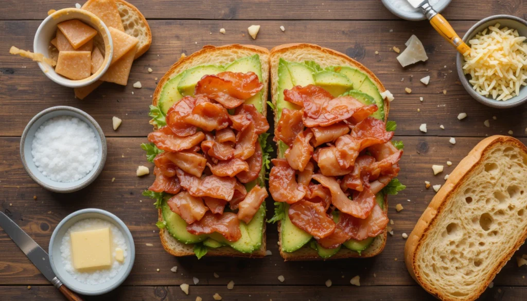 Avocado Bacon Grilled Cheese Sandwich Recipe 2 Flat-lay of avocado slices, bacon, cheddar cheese, and bread arranged as ingredients for a grilled cheese sandwich.