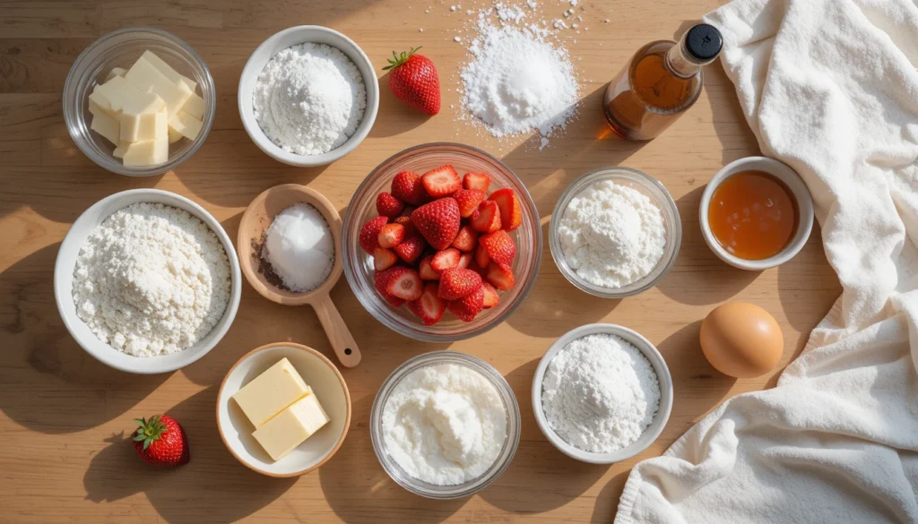 Strawberry Cookies Recipe – Soft, Chewy, and Full of Flavor 2 Flat-lay of flour, sugar, eggs, butter, and fresh strawberries neatly arranged as ingredients for strawberry cookies.