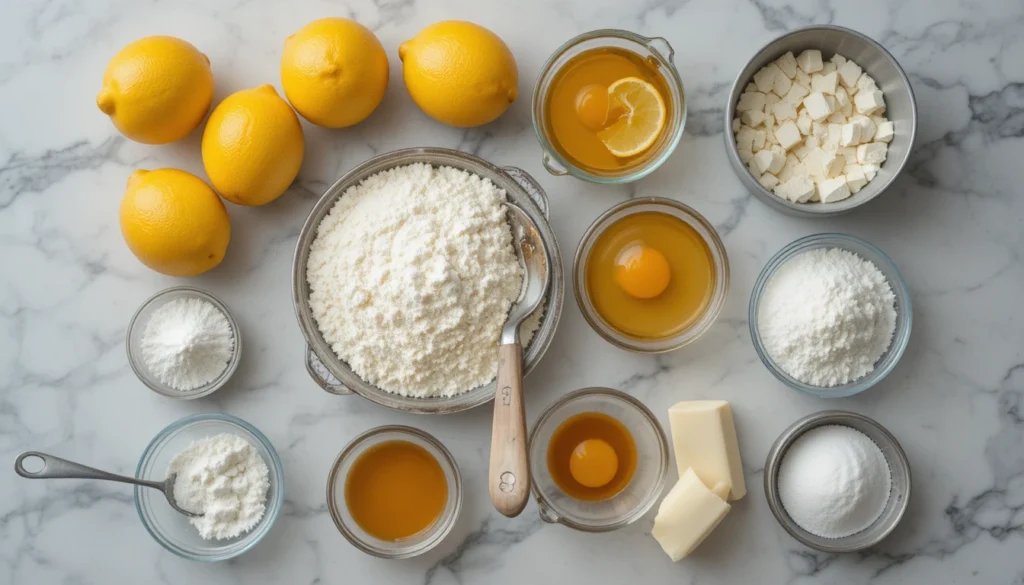 Lemon Brownies Recipe – Zesty, Sweet, and Perfectly Moist 2 Ingredients for Lemon Brownies including lemons, flour, sugar, eggs, and butter on a kitchen counter