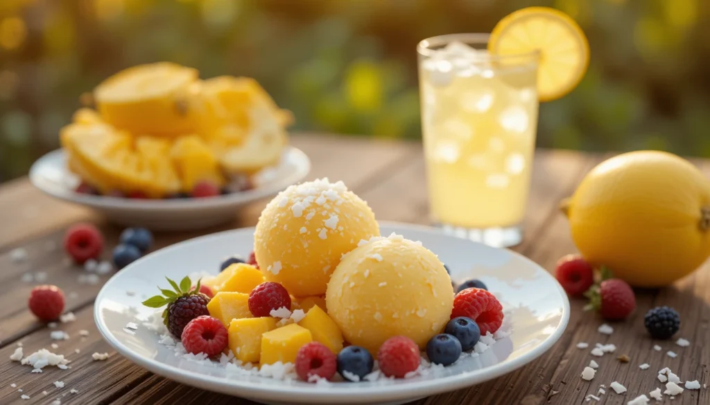 Perfect Pairings with Mango Sorbet including berries, coconut, and lemonade