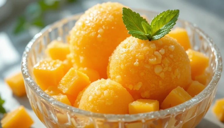 Mango Sorbet Recipe – Refreshing, Creamy, and Naturally Sweet dessert in a bowl with mint garnish
