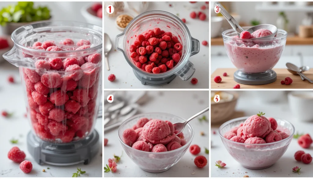 Raspberry Sorbet Recipe – Refreshing, Fruity & Dairy-Free 3 Step-by-Step Instructions for making Raspberry Sorbet from blending raspberries to freezing and serving