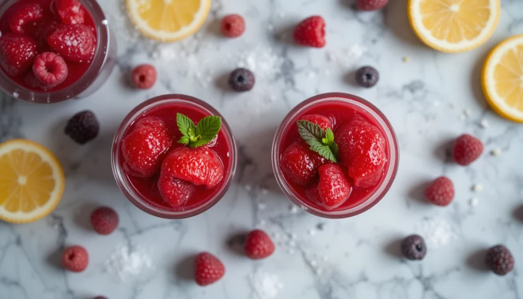Raspberry Sorbet Recipe – Refreshing, Fruity & Dairy-Free 2 Recipe Overview of Raspberry Sorbet showing sorbet cups with berries, lemon, and sugar on a marble counter