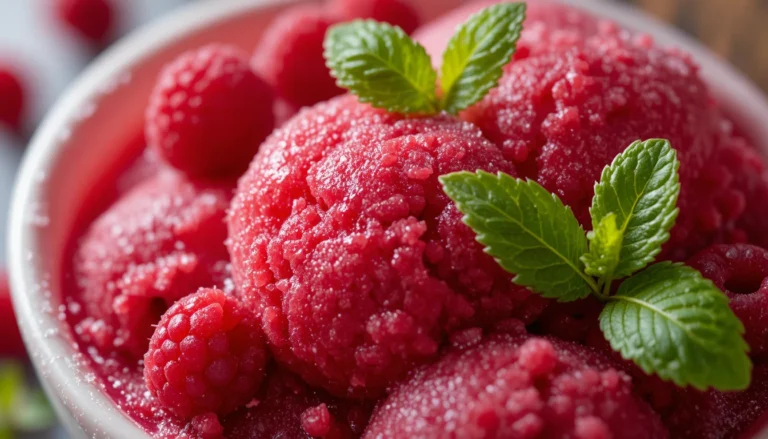 Raspberry Sorbet Recipe – Refreshing, Fruity & Dairy-Free dessert with fresh raspberries and mint garnish