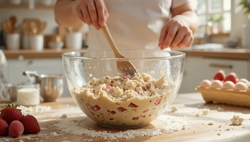 Strawberry Cookies Recipe – Soft, Chewy, and Full of Flavor 3 Hands mixing strawberry cookie dough in a glass bowl with baking tools on the counter.