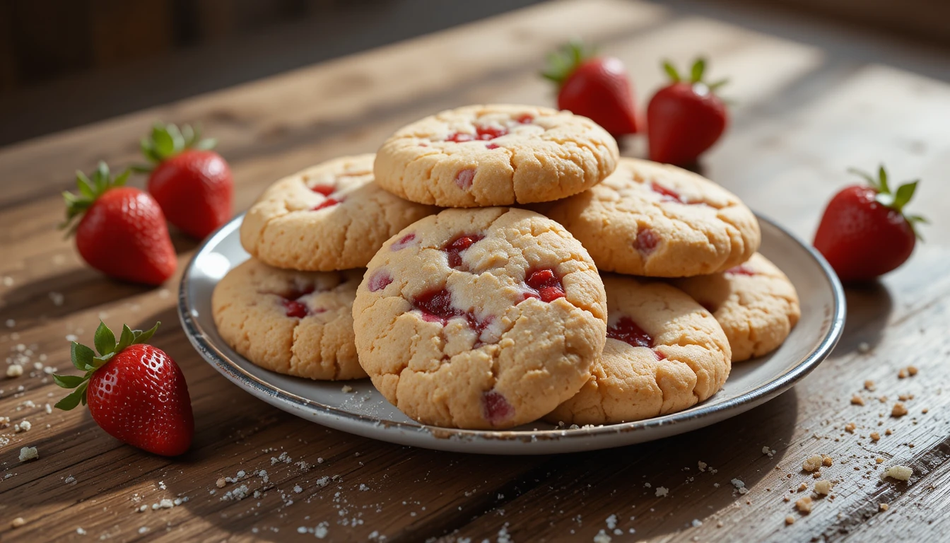 Strawberry Cookies Recipe – Soft, Chewy, and Full of Flavor 1 A close-up of freshly baked strawberry cookies with golden edges and juicy strawberry chunks on a rustic table.