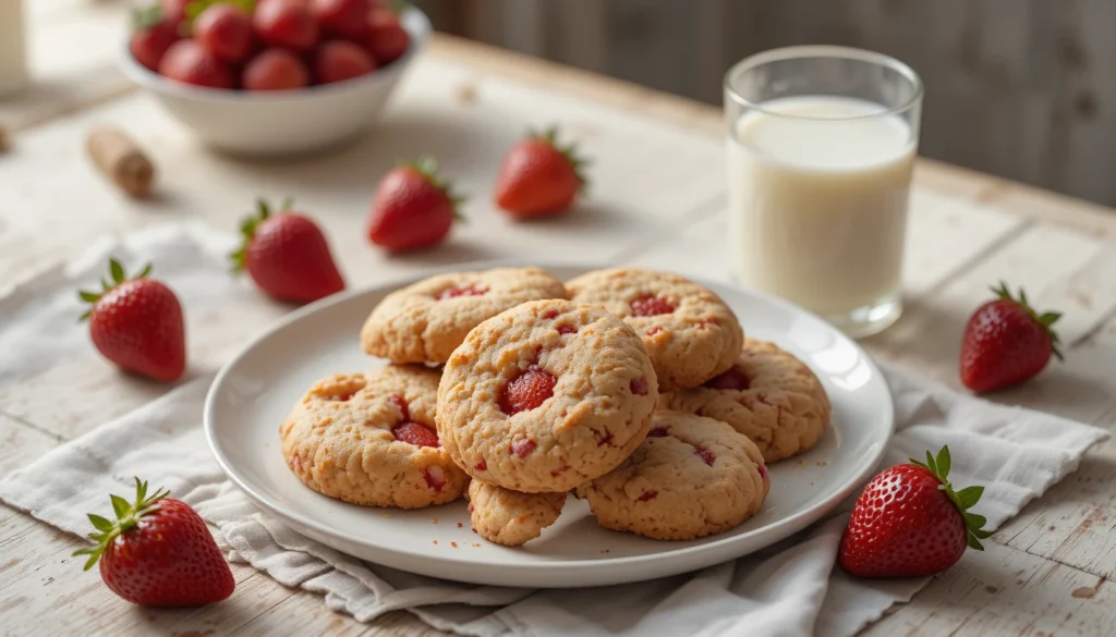Strawberry Cookies Recipe – Soft, Chewy, and Full of Flavor 4 A plate of strawberry cookies served with a glass of milk and fresh strawberries on a cozy table setting.