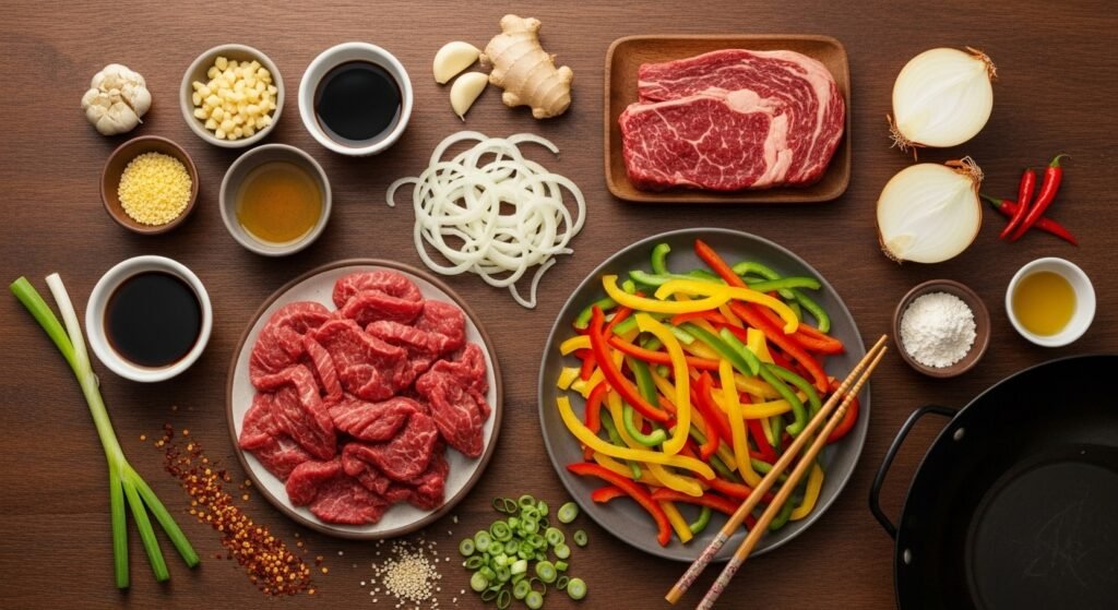 Hearty Vegetable and Bean Soup 4 Hyper-realistic flat lay image showing fresh ingredients for a beef and bell pepper stir-fry — raw beef strips, colorful peppers, garlic, soy sauce, and sesame oil on a dark rustic surface under natural light.