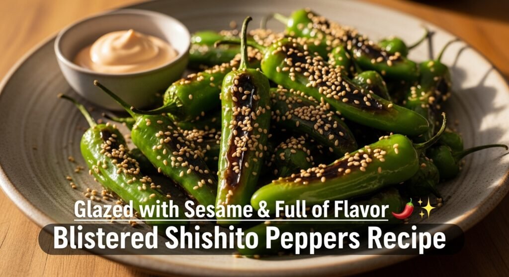 Ultimate Fiesta Quesadillas, Blistered Shishito Peppers 3 Hyper-realistic close-up of blistered and glazed shishito peppers topped with sesame seeds — a glossy, flavorful recipe served on a rustic plate with dipping sauce.