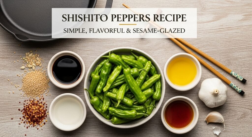 Ultimate Fiesta Quesadillas, Blistered Shishito Peppers 4 Hyper-realistic image of neatly arranged ingredients for blistered shishito peppers — fresh green peppers, soy sauce, sesame oil, rice vinegar, honey, sesame seeds, and garlic on a rustic table.