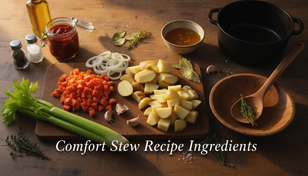 Golden Hour Comfort Stew - Rustic Kitchen Simmer 2 Hyper-realistic flat lay of hearty vegetable stew ingredients arranged on a rustic table with golden-hour lighting.