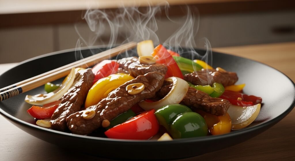 Hearty Vegetable and Bean Soup 3 Hyper-realistic image of a beef and bell pepper stir-fry recipe featuring tender beef strips with colorful peppers and glossy soy-garlic sauce, served in a dark wok under warm natural light.
