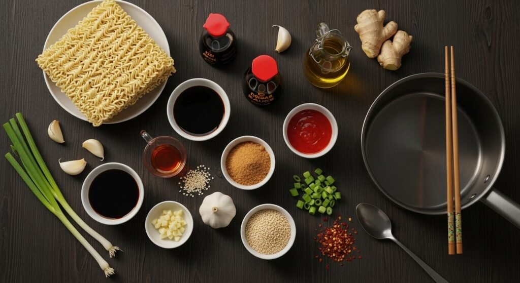 Hearty Vegetable and Bean Soup 6 Hyper-realistic flat-lay image showing fresh ingredients for saucy ramen noodles — uncooked ramen blocks, sauces, sesame oil, garlic, ginger, and scallions arranged neatly on a dark rustic kitchen counter under warm daylight.