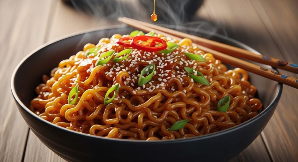 Hearty Vegetable and Bean Soup 5 Hyper-realistic image of a bowl of saucy ramen noodles topped with scallions and sesame seeds — a quick, flavorful 10-minute recipe served in a dark ceramic bowl under warm natural light.