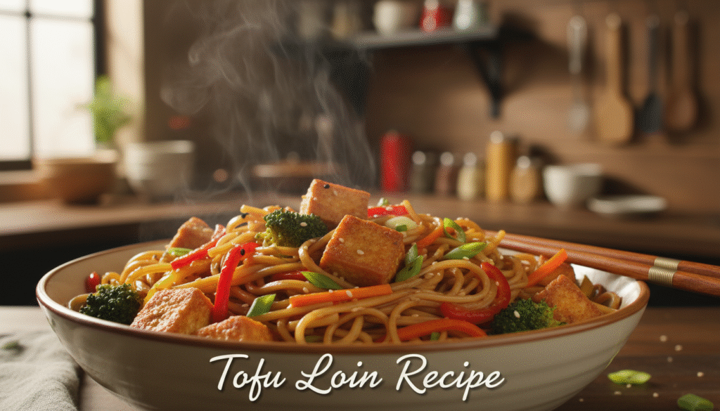 Golden Hour Comfort Stew - Rustic Kitchen Simmer 3 Hyper-realistic image of an Easy Vegetarian Tofu Lo Mein recipe featuring noodles with crispy tofu, colorful vegetables, and sesame soy glaze, beautifully styled in a rustic kitchen setting.