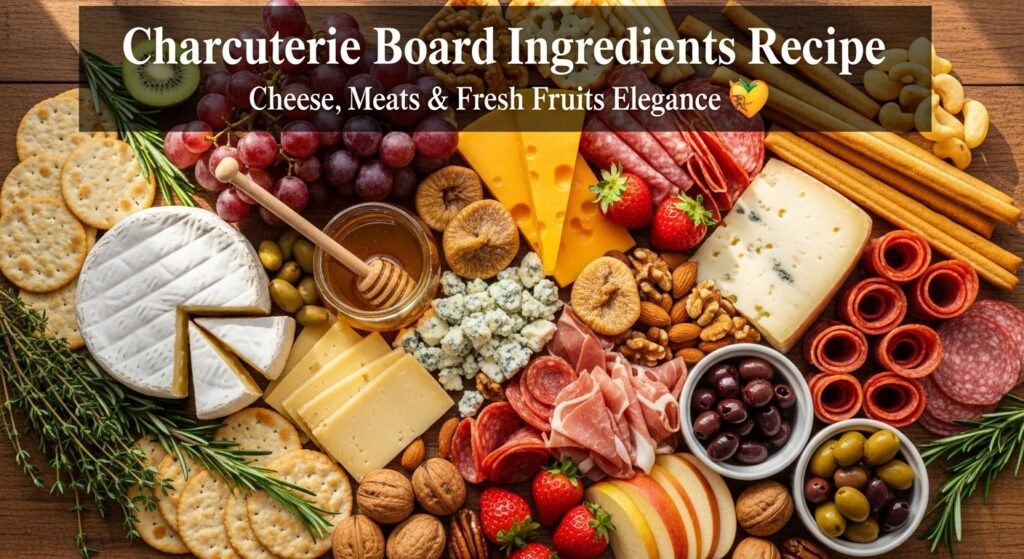 Elegant Charcuterie Board, Savory Charcuterie Cake 2 Hyper-realistic image of main ingredients for an elegant charcuterie board — assorted cheeses, cured meats, fresh fruits, nuts, honey, and crackers arranged on a rustic table.