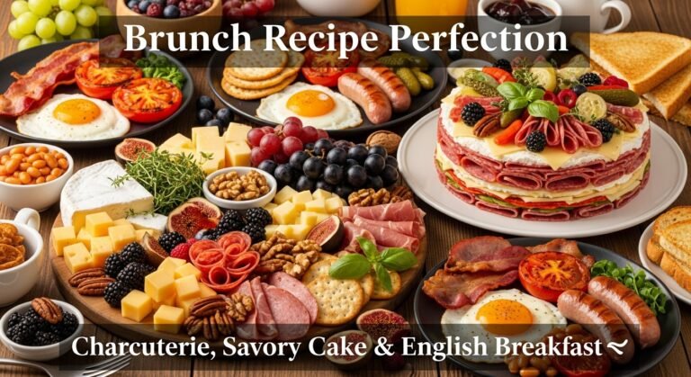 Hyper-realistic image of an elegant brunch spread featuring a charcuterie board with meats and cheeses, a savory charcuterie cake, and a full English breakfast with bacon, eggs, and toast — styled beautifully with natural light.