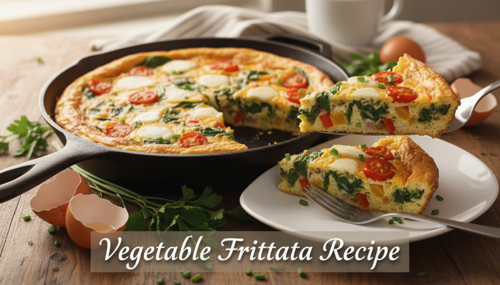 Golden Hour Comfort Stew - Rustic Kitchen Simmer 5 Hyper-realistic image of a freshly baked vegetable frittata made with eggs, spinach, tomatoes, onions, and cheese, served in a skillet under warm morning light — a healthy breakfast recipe.
