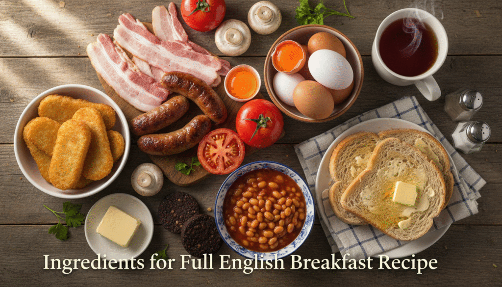 Elegant Charcuterie Board, Savory Charcuterie Cake 6 Hyper-realistic image showing ingredients for a traditional full English breakfast — bacon, sausages, eggs, tomatoes, mushrooms, baked beans, toast, and hash browns arranged on a rustic table.