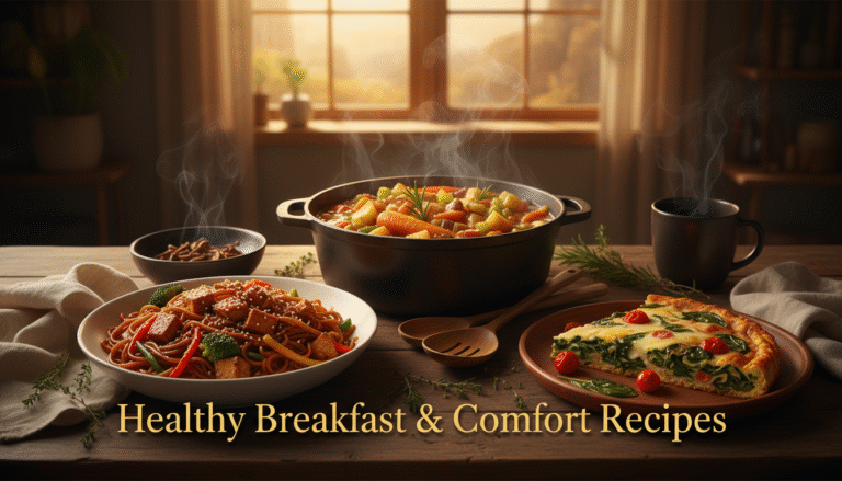 Hyper-realistic image of a cozy golden hour kitchen featuring three healthy recipes — a rustic vegetable stew, tofu lo mein, and fresh vegetable frittata, served with warm natural lighting and rustic decor.