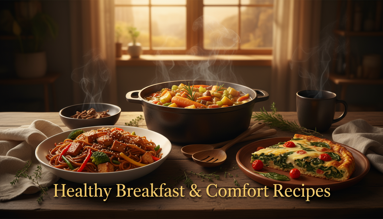 Golden Hour Comfort Stew - Rustic Kitchen Simmer 1 Hyper-realistic image of a cozy golden hour kitchen featuring three healthy recipes — a rustic vegetable stew, tofu lo mein, and fresh vegetable frittata, served with warm natural lighting and rustic decor.