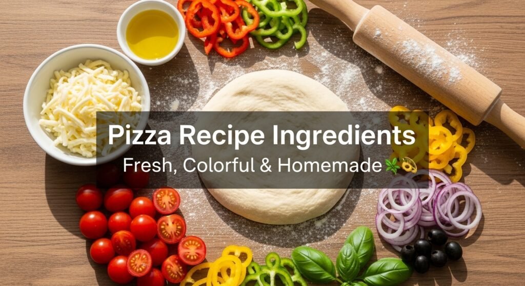Gourmet Vegetarian Pizza & Smoky Grilled Chicken 6 Hyper-realistic image of fresh ingredients for a gourmet vegetarian pizza recipe — pizza dough, cherry tomatoes, bell peppers, onions, olives, mozzarella, basil, and olive oil arranged separately on a rustic table.