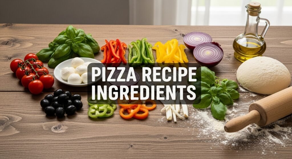 Gourmet Vegetarian Pizza & Smoky Grilled Chicken 2 Hyper-realistic image of fresh ingredients for a gourmet vegetarian pizza recipe — cherry tomatoes, basil, mozzarella, bell peppers, olives, onions, and pizza dough arranged beautifully on a rustic table.