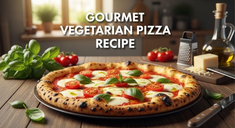 Hyper-realistic image of a gourmet vegetarian pizza topped with fresh mozzarella, cherry tomatoes, basil, and olive oil — beautifully styled for an Italian-inspired homemade pizza recipe.