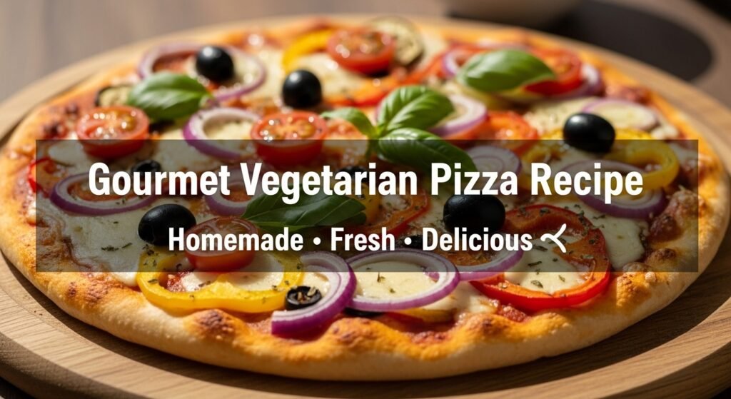 Gourmet Vegetarian Pizza & Smoky Grilled Chicken 5 Hyper-realistic image of a gourmet vegetarian pizza topped with mozzarella, cherry tomatoes, bell peppers, onions, olives, and basil — a fresh homemade pizza recipe on a rustic wooden table.