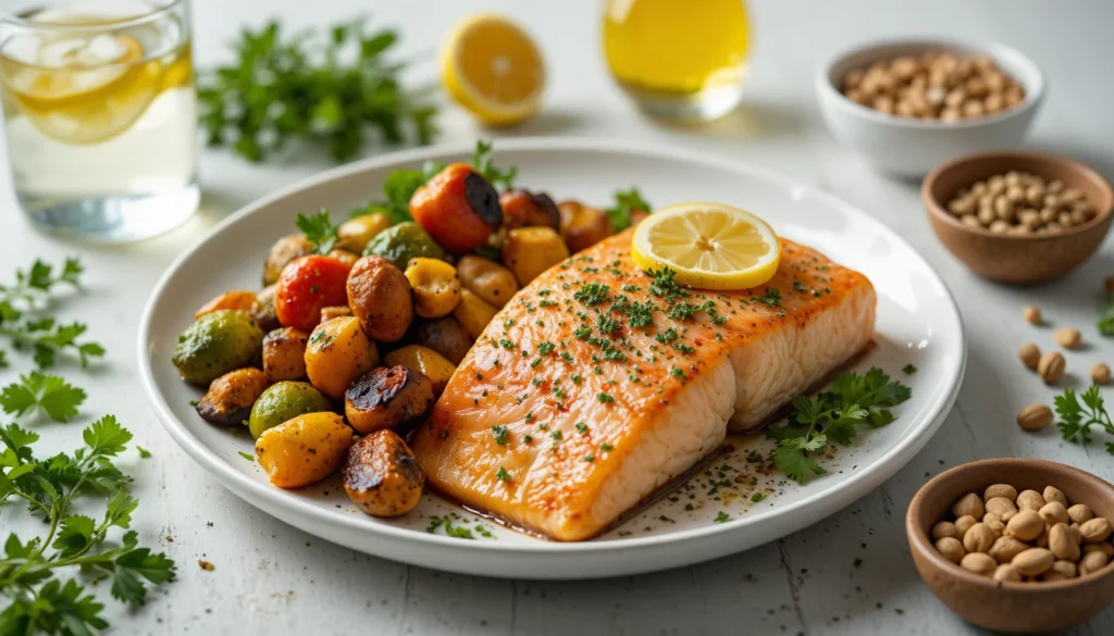 Healthy & Delicious Pan-Roasted Salmon with Lemon and Herbs 5 Pan-roasted salmon with lemon and herbs served with vegetables, surrounded by healthy ingredients symbolizing nutrition and wellness.