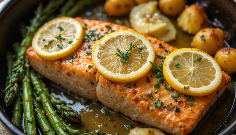 Healthy & Delicious Pan-Roasted Salmon with Lemon and Herbs 5 Pan-roasted salmon fillet with lemon slices, fresh herbs, and garlic butter, served in a skillet with asparagus and baby potatoes.