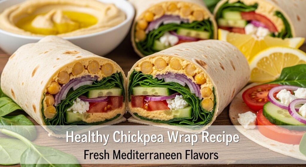 Ultimate Fiesta Quesadillas, Blistered Shishito Peppers 5 Hyper-realistic image of a healthy Mediterranean chickpea wrap recipe — soft tortilla filled with chickpeas, hummus, cucumber, tomato, spinach, and feta cheese on a rustic background.