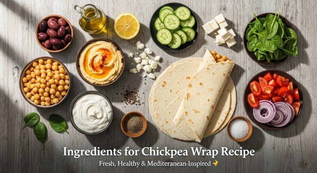 Ultimate Fiesta Quesadillas, Blistered Shishito Peppers 6 Hyper-realistic top-down image of ingredients for a Mediterranean chickpea wrap recipe — chickpeas, hummus, feta, cucumber, tomato, spinach, onion, and tortilla on a rustic table.