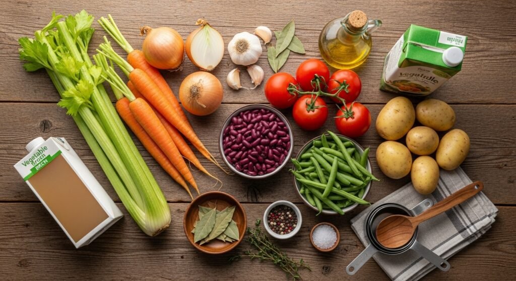 Hearty Vegetable and Bean Soup 2 Hyper-realistic flat lay image showing fresh ingredients for a hearty vegetable and bean soup — carrots, celery, beans, potatoes, herbs, and broth arranged on a rustic kitchen counter under warm daylight.