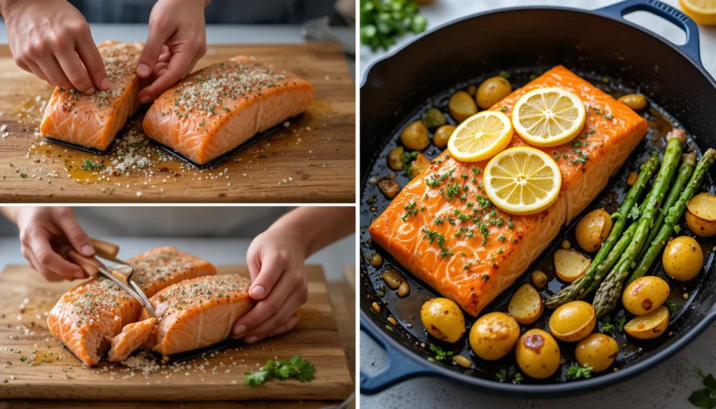 Healthy & Delicious Pan-Roasted Salmon with Lemon and Herbs 3 Step-by-step cooking process showing salmon being seasoned, pan-roasted with herbs and lemon, and plated with vegetables.