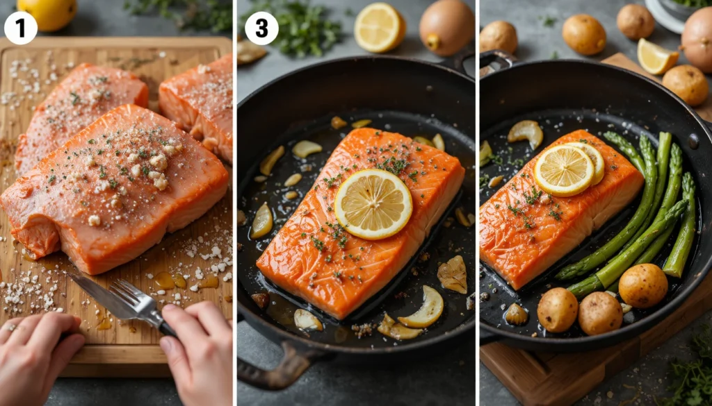 Healthy & Delicious Pan-Roasted Salmon with Lemon and Herbs 4 Pan-roasted salmon with vegetables beside a nutrition facts label showing calories, protein, carbs, and fats per serving.