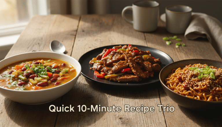 Hyper-realistic image featuring three homemade dishes — hearty vegetable and bean soup, beef and bell pepper stir-fry, and saucy ramen noodles — styled together on a rustic table under warm natural light.