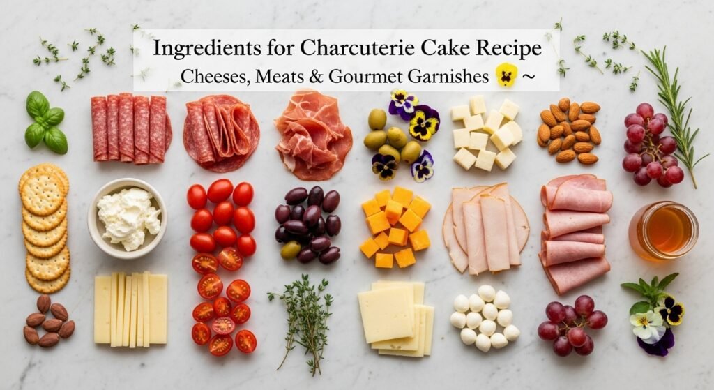 Elegant Charcuterie Board, Savory Charcuterie Cake 4 Hyper-realistic image showing ingredients for a savory charcuterie cake — assorted deli meats, cheeses, cherry tomatoes, olives, herbs, crackers, and grapes arranged on a marble table.