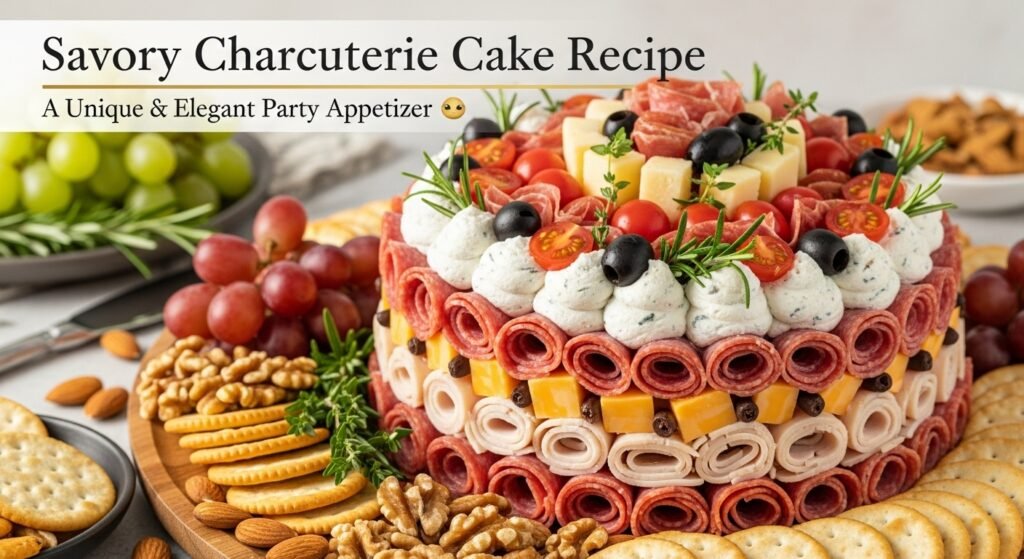 Elegant Charcuterie Board, Savory Charcuterie Cake 3 Hyper-realistic image of a savory charcuterie cake made from layers of deli meats and cheeses, topped with olives, herbs, and cherry tomatoes — an elegant and unique appetizer idea.