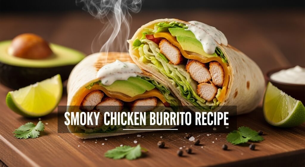 Gourmet Vegetarian Pizza & Smoky Grilled Chicken 3 Hyper-realistic image of a smoky grilled chicken and avocado ranch burrito recipe — sliced burrito showing juicy chicken, avocado, lettuce, melted cheese, and ranch sauce on a wooden board with lime wedges and cilantro garnish.