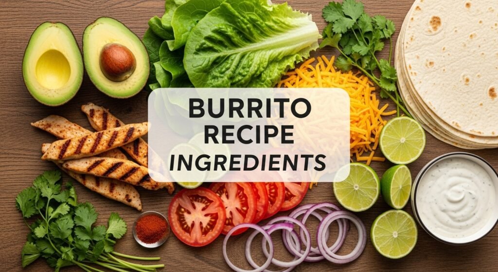 Gourmet Vegetarian Pizza & Smoky Grilled Chicken 4 Fresh ingredients for a smoky grilled chicken and avocado ranch burrito recipe — grilled chicken, avocado, lettuce, cheese, tortillas, ranch dressing, and lime wedges arranged beautifully on a rustic table.
