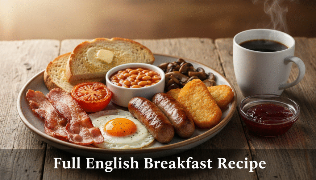 Elegant Charcuterie Board, Savory Charcuterie Cake 5 Hyper-realistic image of the ultimate full English breakfast recipe — crispy bacon, eggs, sausages, grilled tomatoes, baked beans, mushrooms, toast, and hash browns served with coffee on a rustic table.