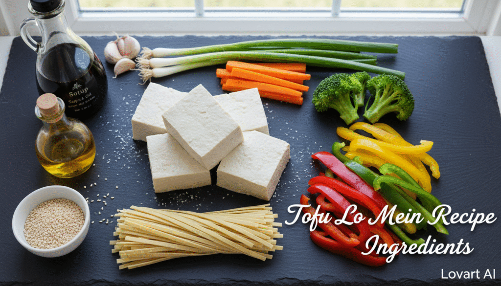 Golden Hour Comfort Stew - Rustic Kitchen Simmer 4 Realistic photo of colorful tofu lo mein ingredients including noodles, vegetables, and sauces on a dark kitchen background.